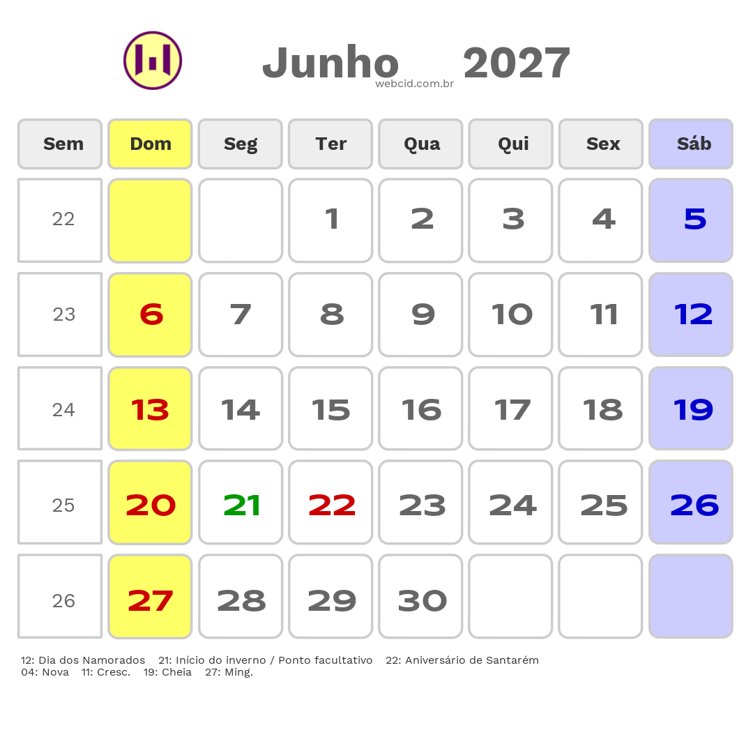 Calendário 2027 - Junho - Santarém-PA com feriados e fases da lua