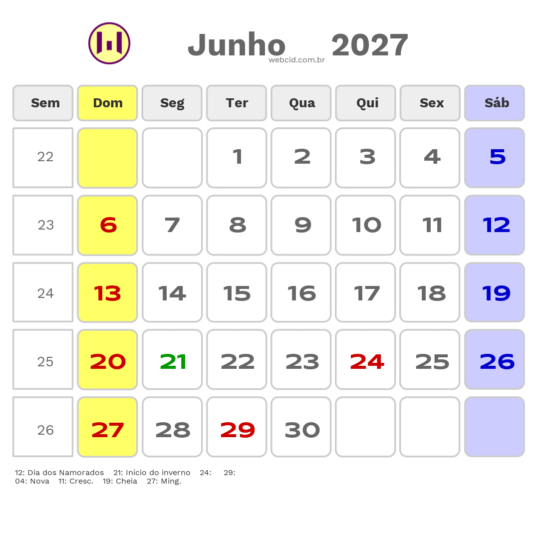 Calendário 2027 - Junho - Coremas-PB com feriados e fases da lua