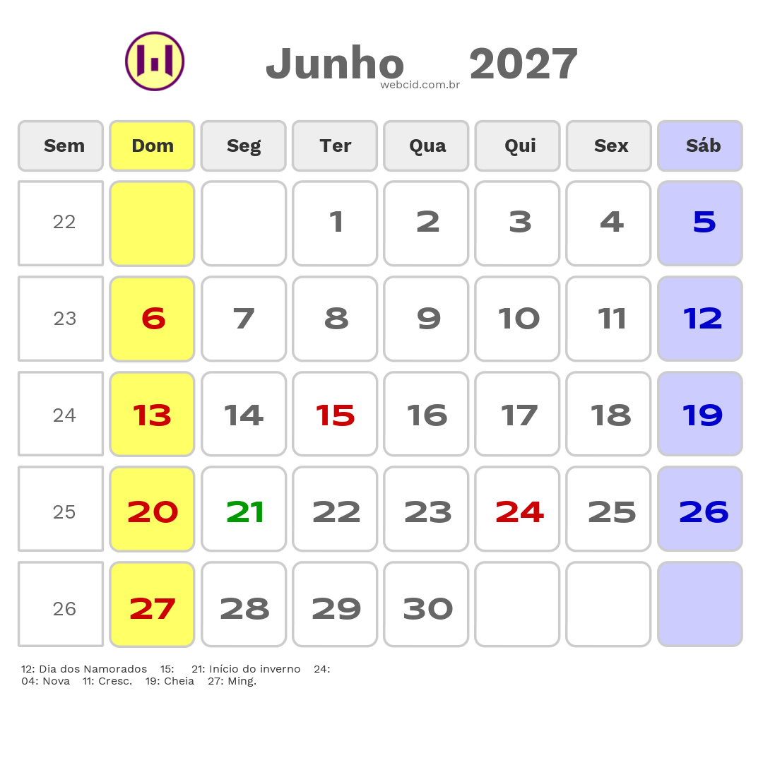 Calendário 2027 - Junho - Jacarau-PB com feriados e fases da lua