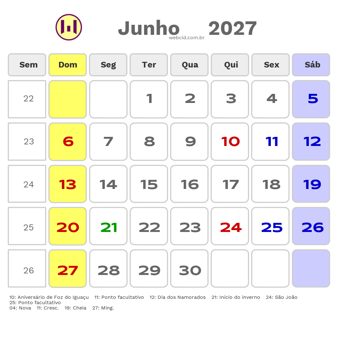 Calendário 2027 - Junho - Foz do Iguaçu-PR com feriados e fases da lua