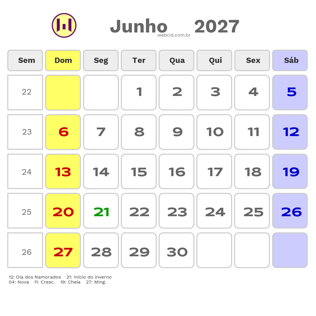 Calendário 2027 - Junho - Marialva-PR com feriados e fases da lua