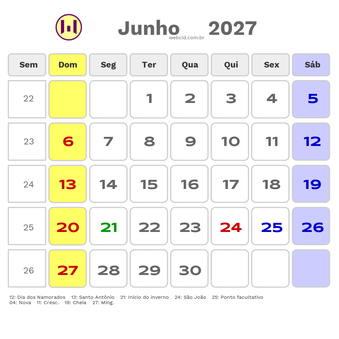 Calendário 2027 - Junho - Cabo de Santo Agostinho-PE com feriados e fases da lua
