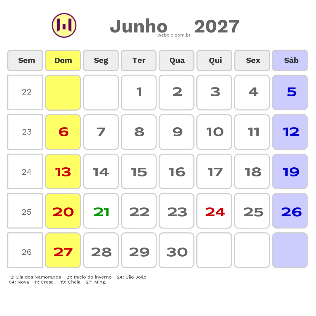Calendário 2027 - Junho - Olinda-PE com feriados e fases da lua
