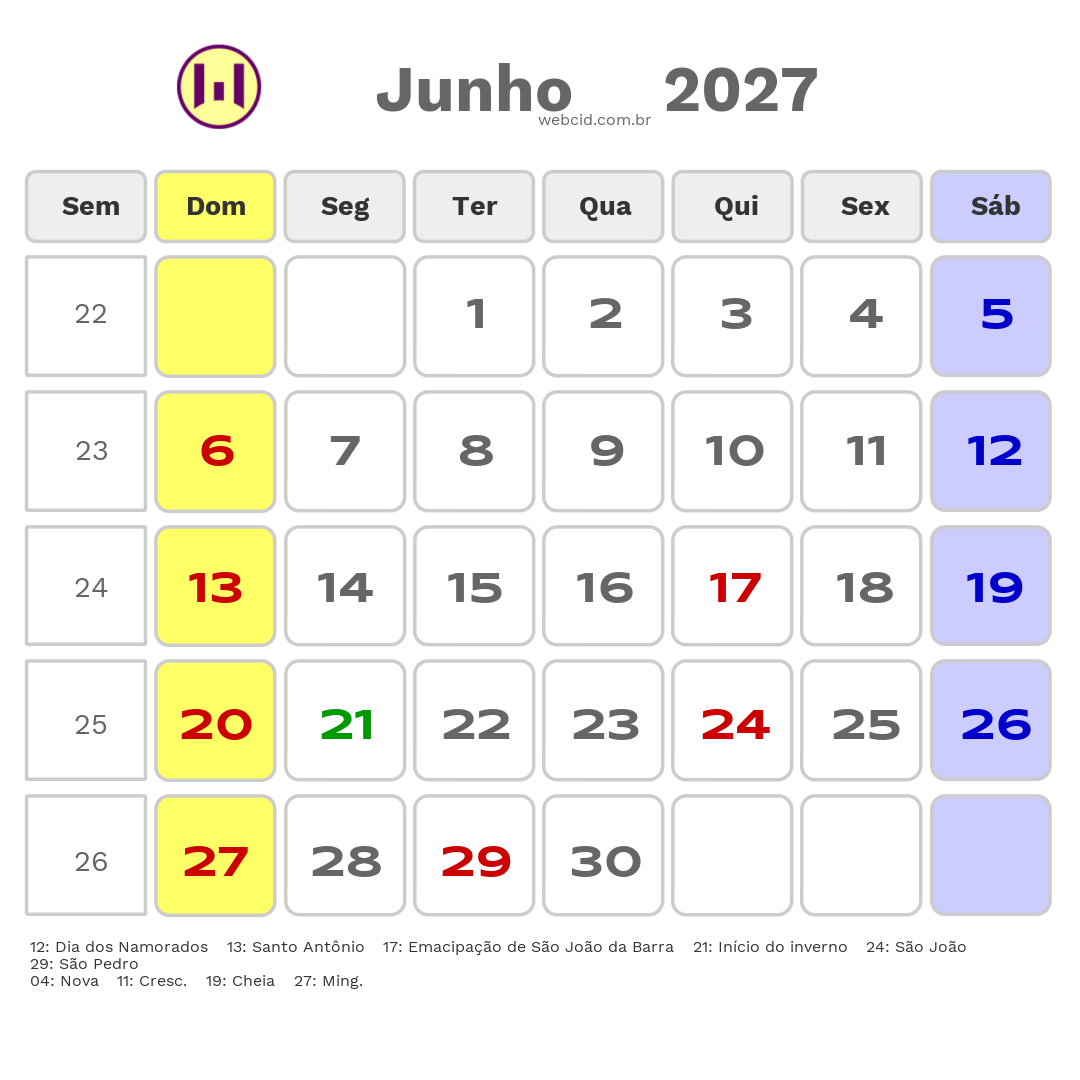 Calendário 2027 - Junho - São João da Barra-RJ com feriados e fases da lua