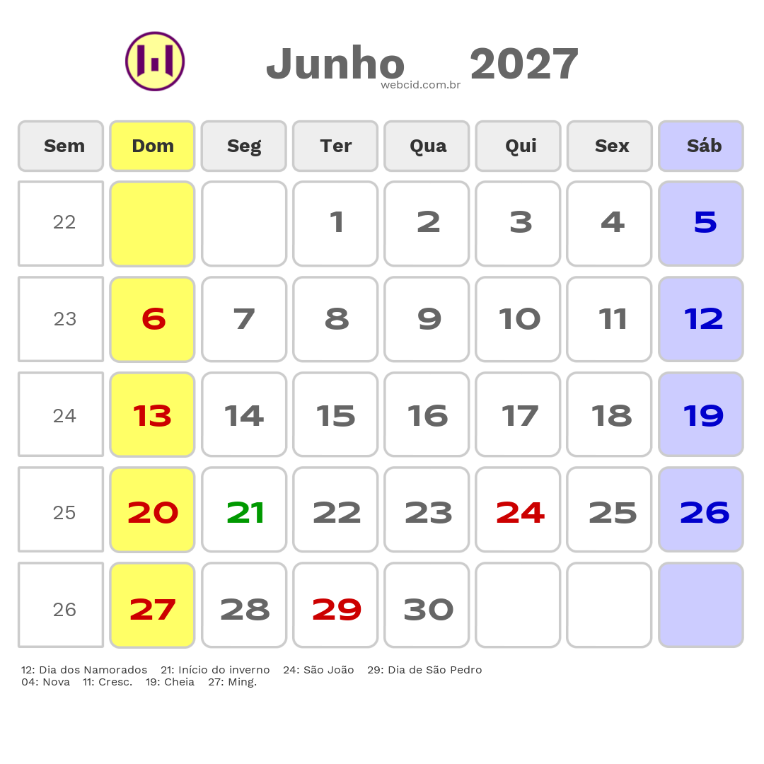 Calendário 2027 - Junho - Apodi-RN com feriados e fases da lua