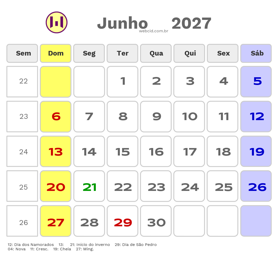 Calendário 2027 - Junho - Santo Antonio-RN com feriados e fases da lua