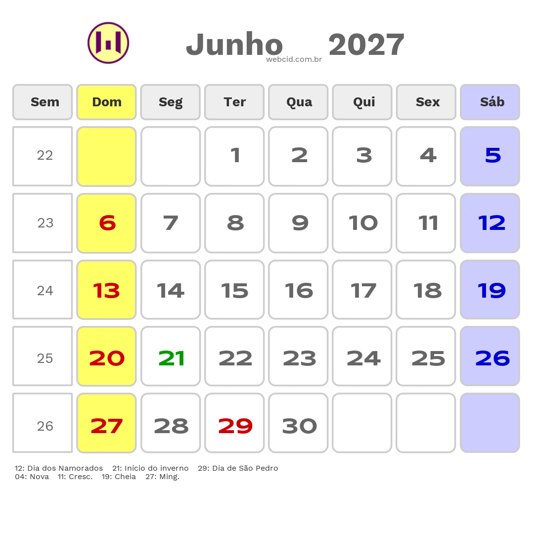 Calendário 2027 - Junho - Rio Grande do Norte com feriados e fases da lua