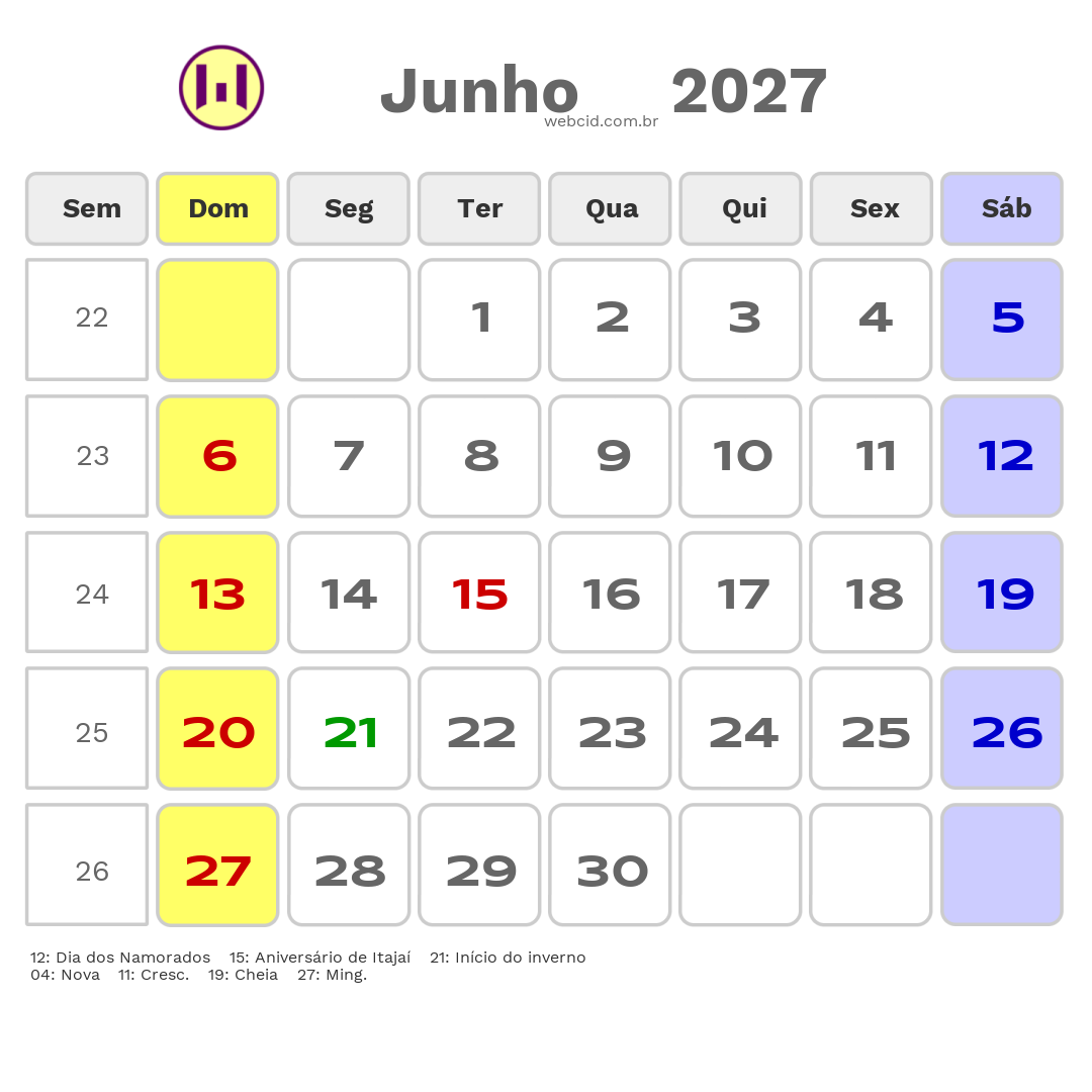 Calendário 2027 - Junho - Itajaí-SC com feriados e fases da lua