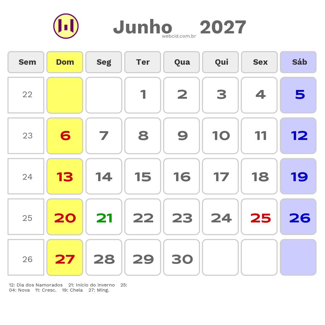 Calendário 2027 - Junho - Miracema do Tocantins-TO com feriados e fases da lua