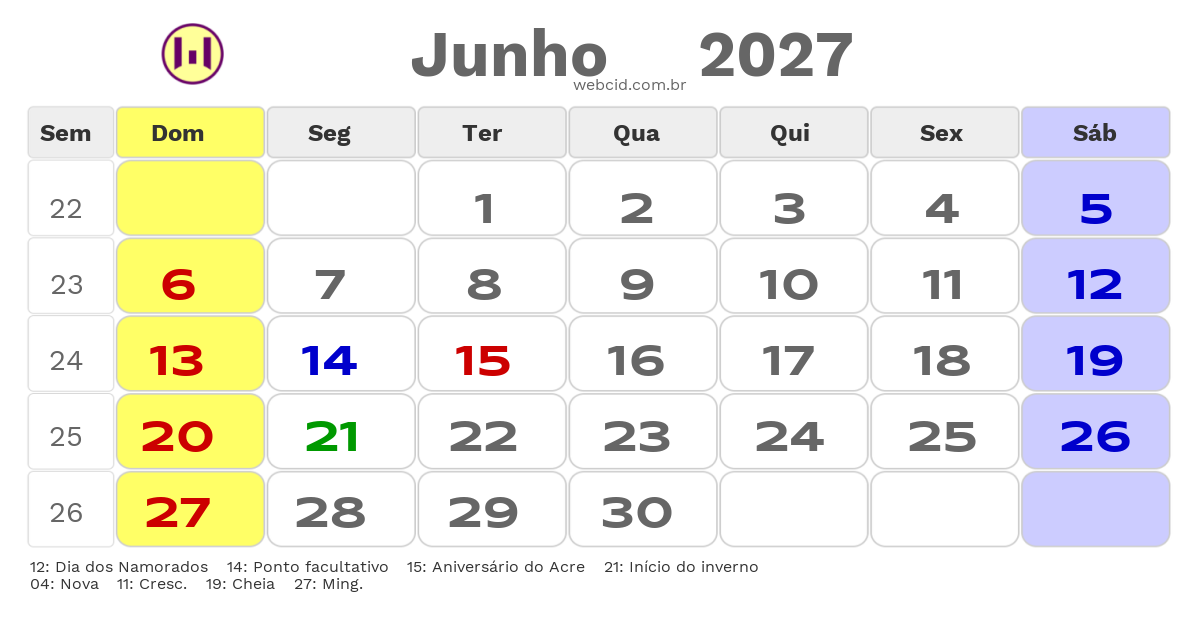 Calendário 2027 - Junho - Acre com feriados e fases da lua