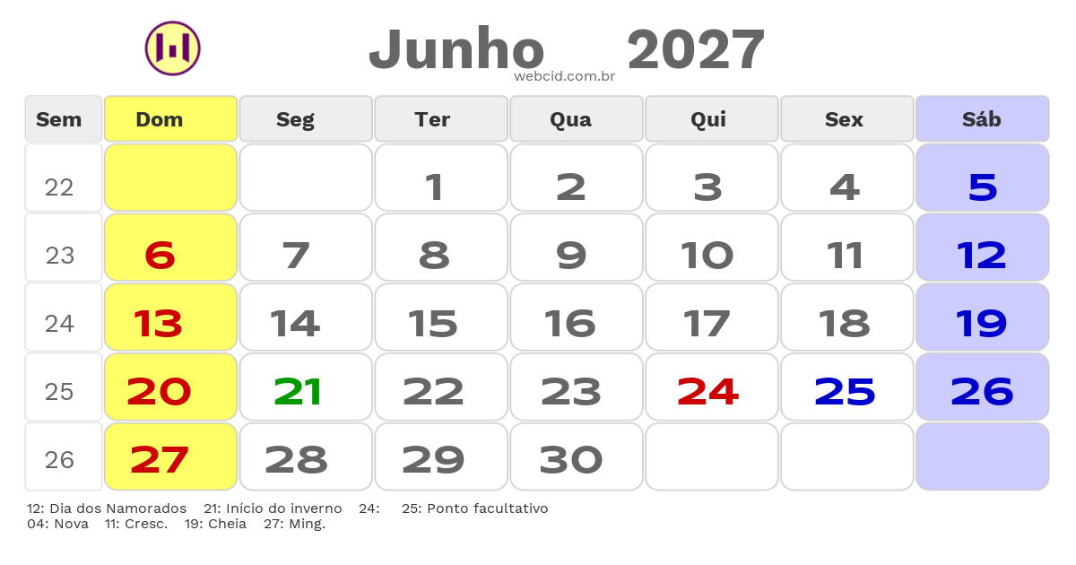 Calendário 2027 - Junho - Inhambupe-BA com feriados e fases da lua