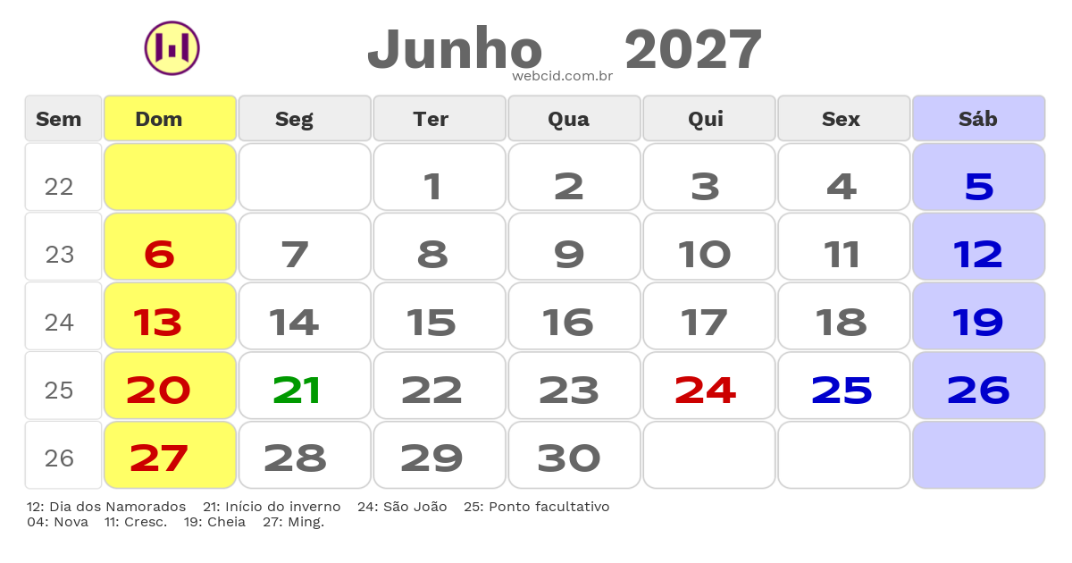 Calendário 2027 - Junho - Lauro de Freitas-BA com feriados e fases da lua