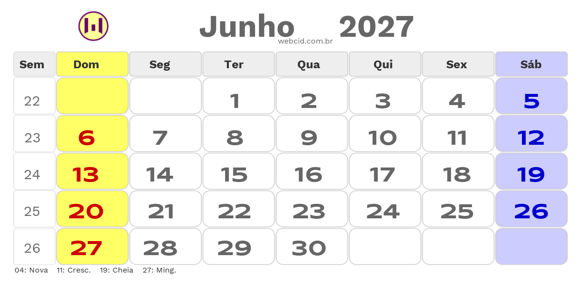 Calendário 2027 - Junho - Cabo Verde com feriados e fases da lua