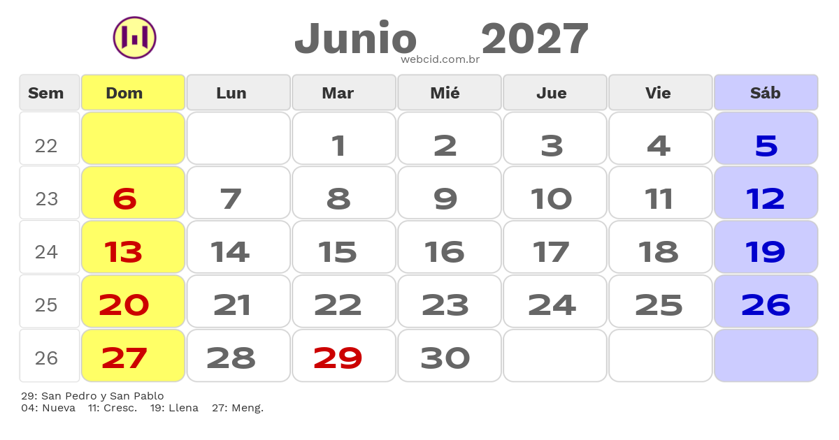 Calendario 2027 - Junio - Chile com feriados e fases da lua