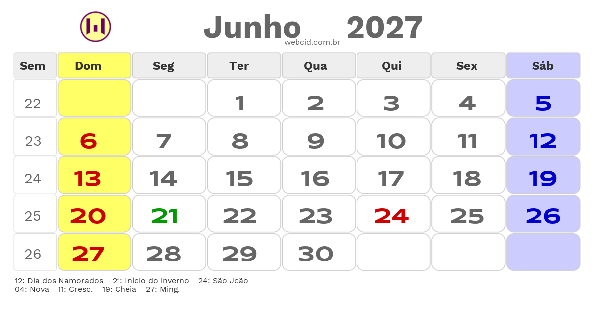Calendário 2027 - Junho - Aracruz-ES com feriados e fases da lua