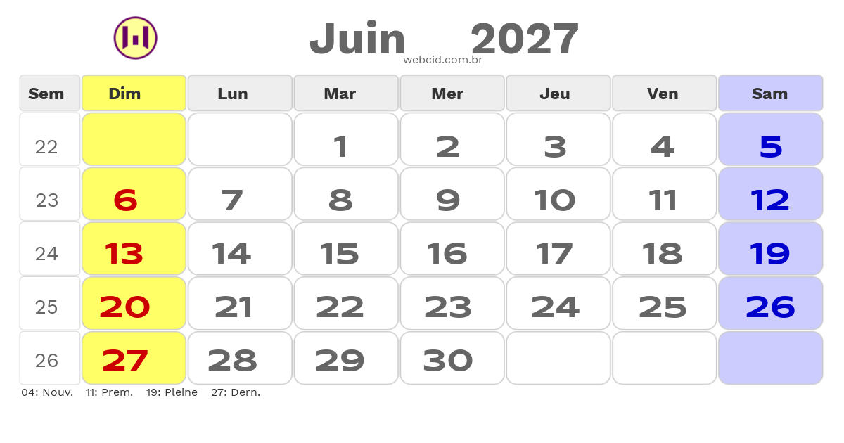 Calendrier 2027 - Juin - La France com feriados e fases da lua