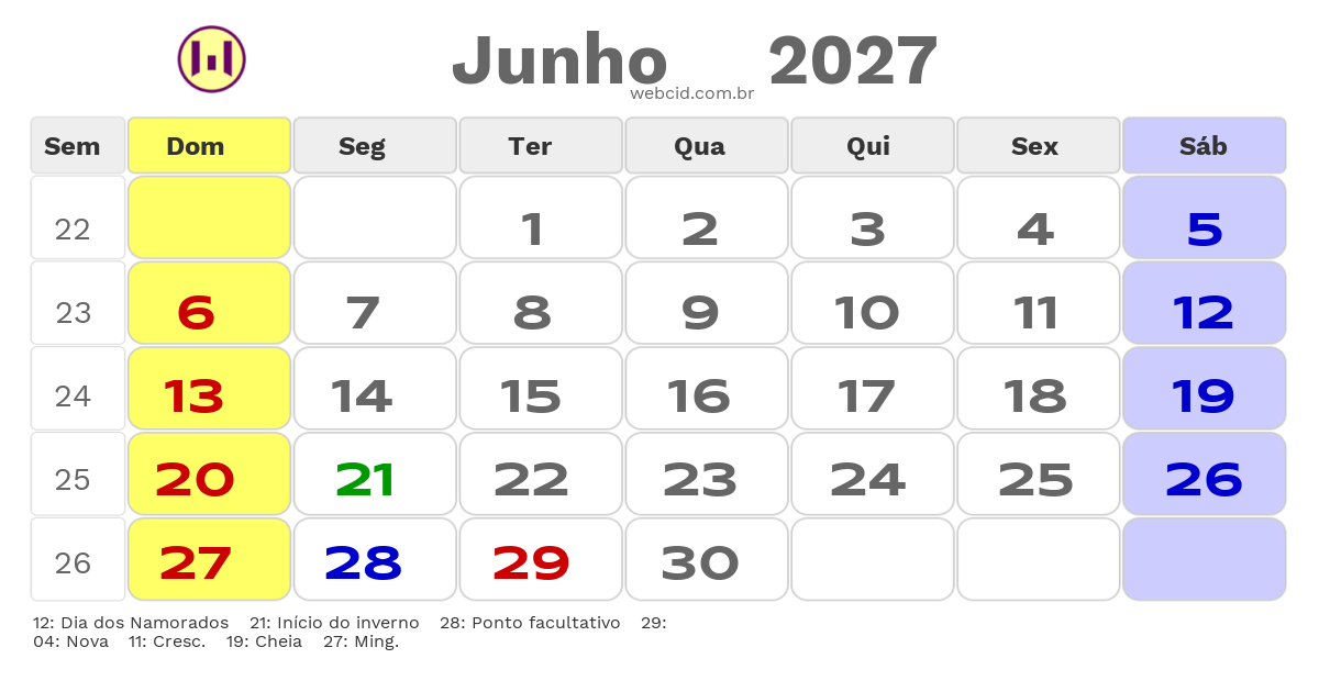 Calendário 2027 - Junho - Sao Luis-MA com feriados e fases da lua