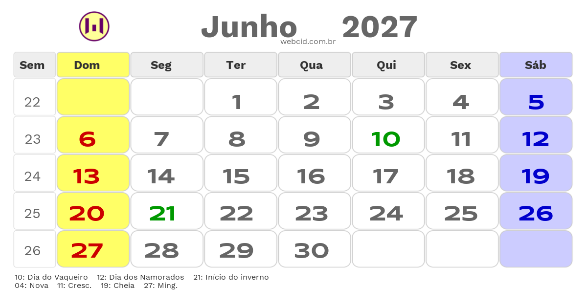 Calendário 2027 - Junho - Timon-MA com feriados e fases da lua
