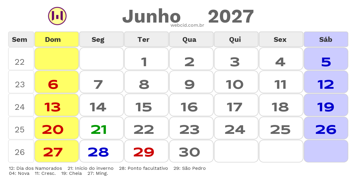 Calendário 2027 - Junho - Teófilo Otoni-MG com feriados e fases da lua