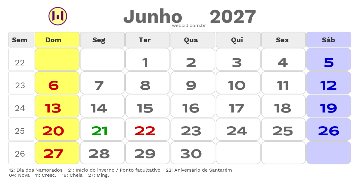 Calendário 2027 - Junho - Santarém-PA com feriados e fases da lua