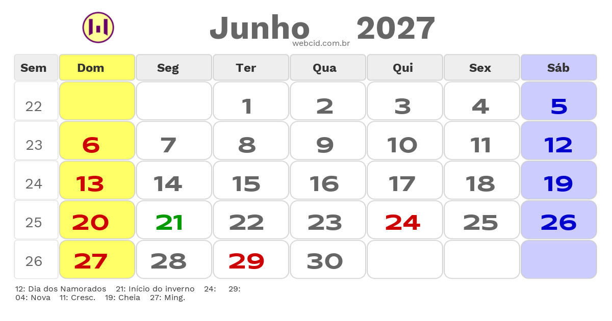 Calendário 2027 - Junho - Coremas-PB com feriados e fases da lua