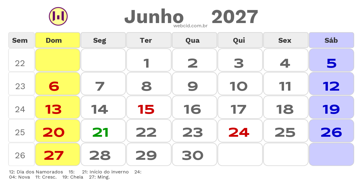 Calendário 2027 - Junho - Jacarau-PB com feriados e fases da lua