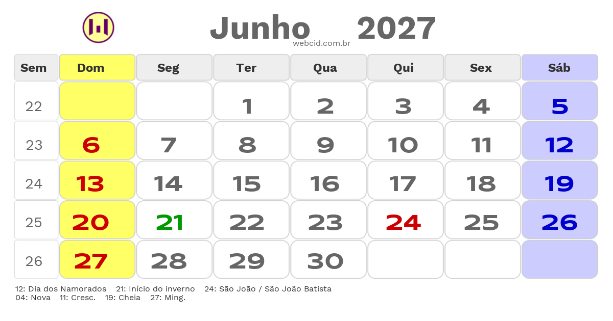 Calendário 2027 - Junho - São João-PE com feriados e fases da lua