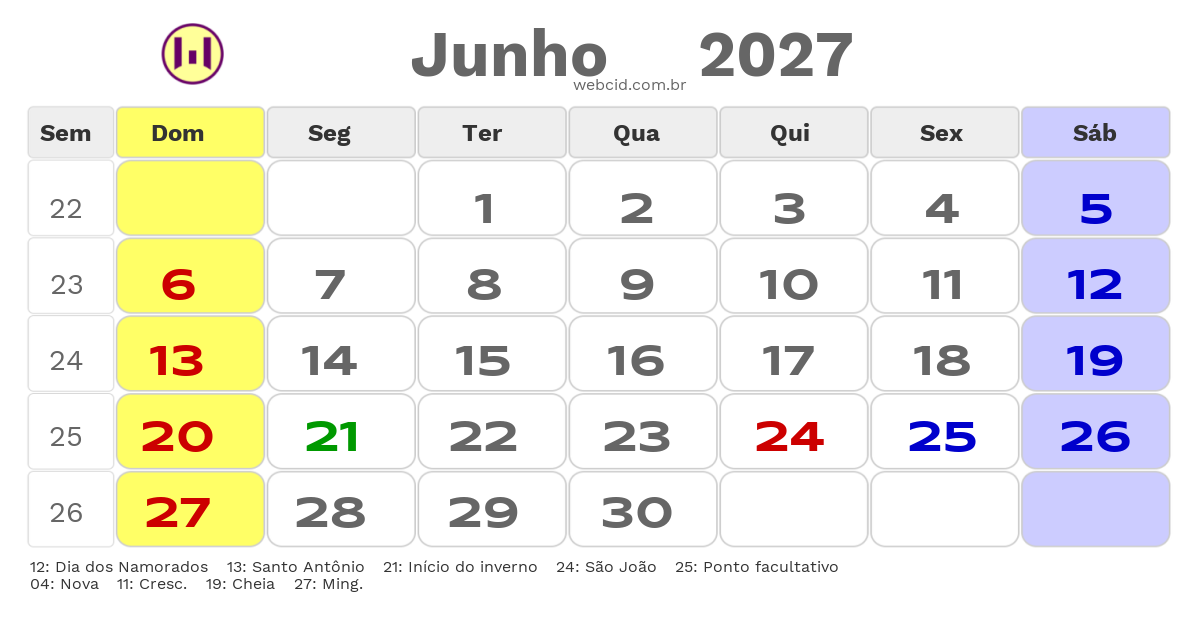 Calendário 2027 - Junho - Tacaimbó-PE com feriados e fases da lua