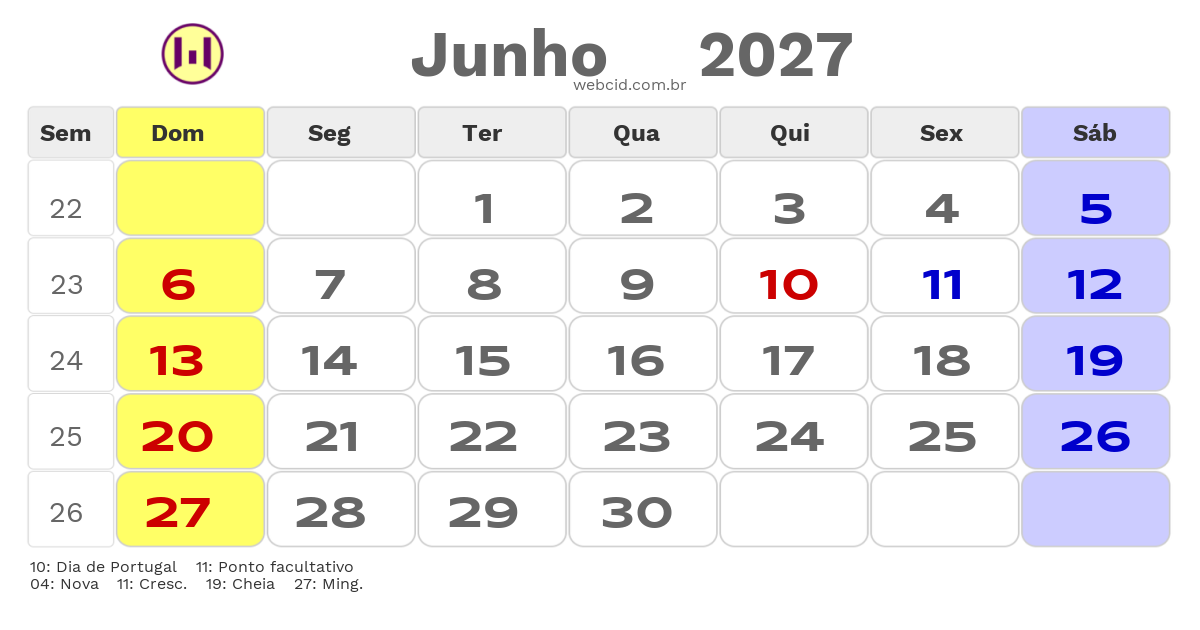Calendário 2027 - Junho - Portugal com feriados e fases da lua