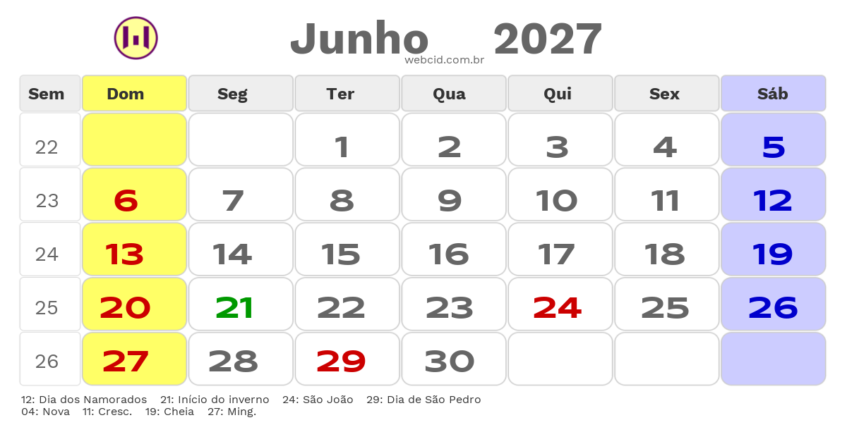 Calendário 2027 - Junho - Apodi-RN com feriados e fases da lua