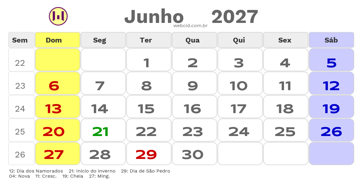 Calendário 2027 - Junho - Rio Grande do Norte com feriados e fases da lua
