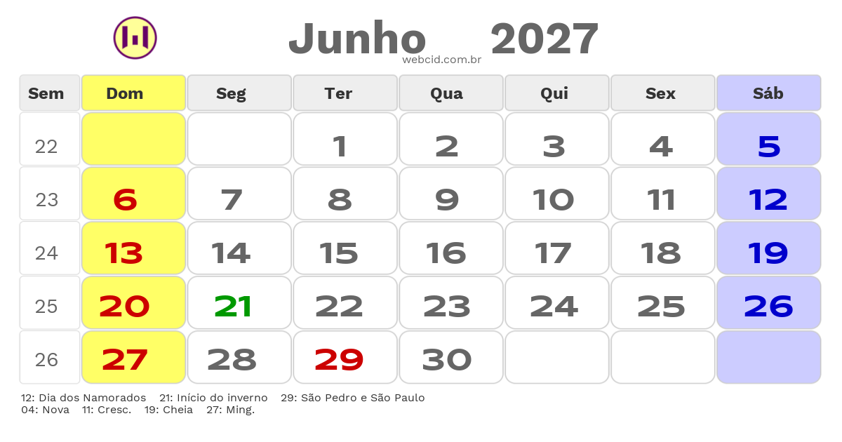 Calendário 2027 - Junho - Rio Grande-RS com feriados e fases da lua