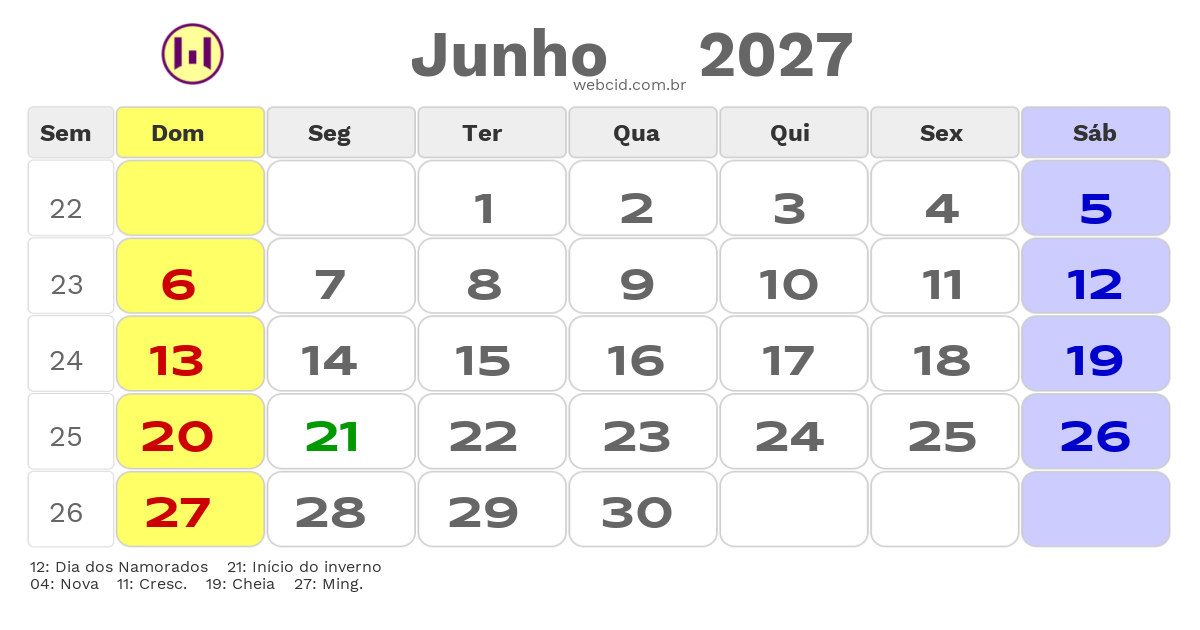 Calendário 2027 - Junho - Santo André-SP com feriados e fases da lua