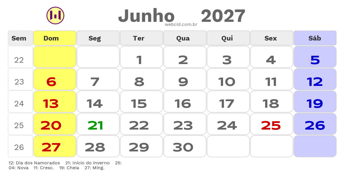 Calendário 2027 - Junho - Miracema do Tocantins-TO com feriados e fases da lua