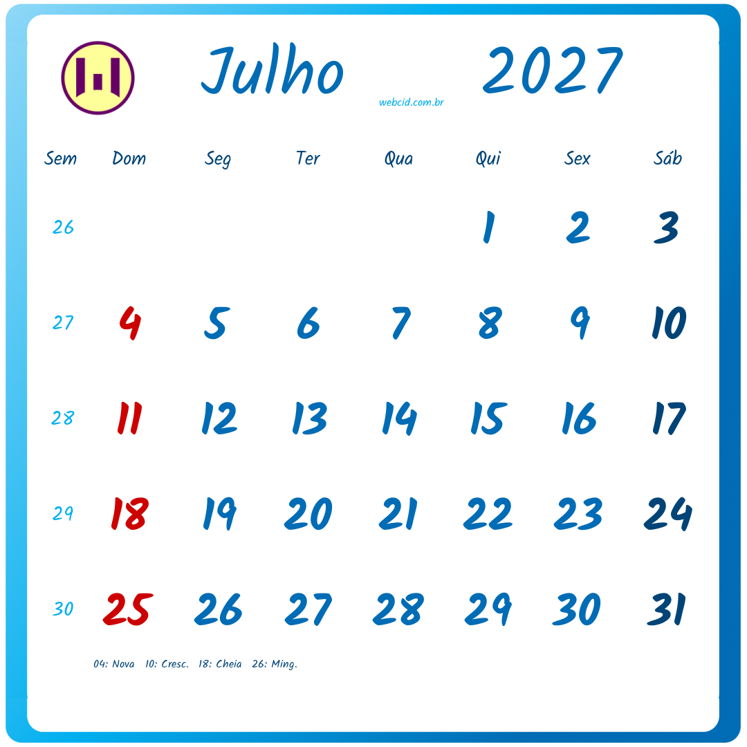 Calendário 2027 - Julho - Brasil com feriados e fases da lua
