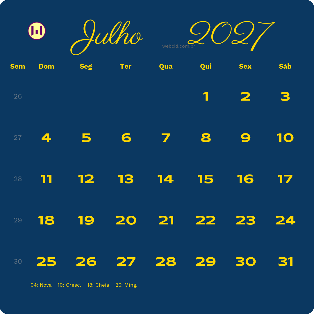 Calendário 2027 - Julho - Brasil com feriados e fases da lua