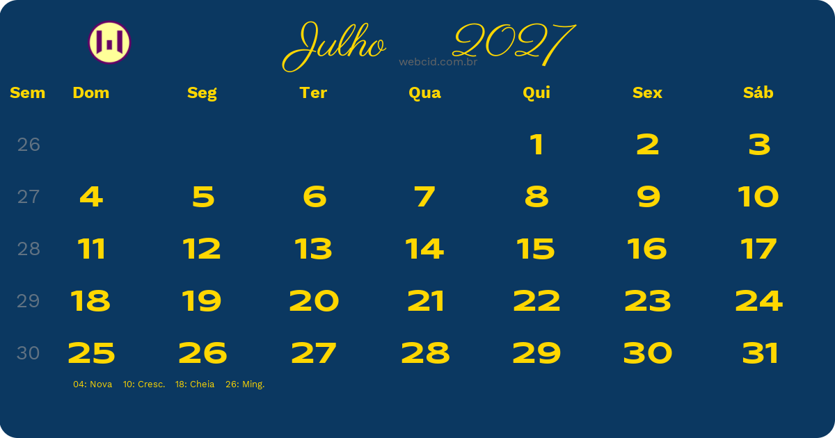 Calendário 2027 - Julho - Brasil com feriados e fases da lua