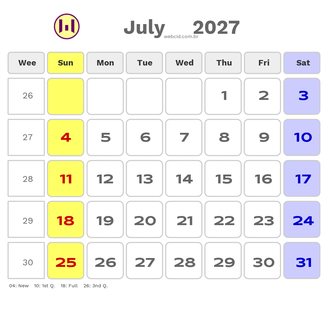 Calendar 2027 - July - Austrália com feriados e fases da lua