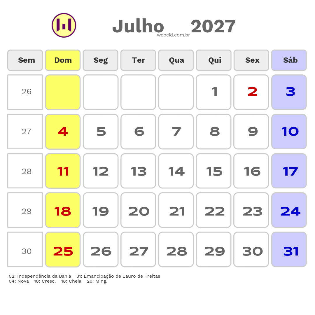 Calendário 2027 - Julho - Lauro de Freitas-BA com feriados e fases da lua