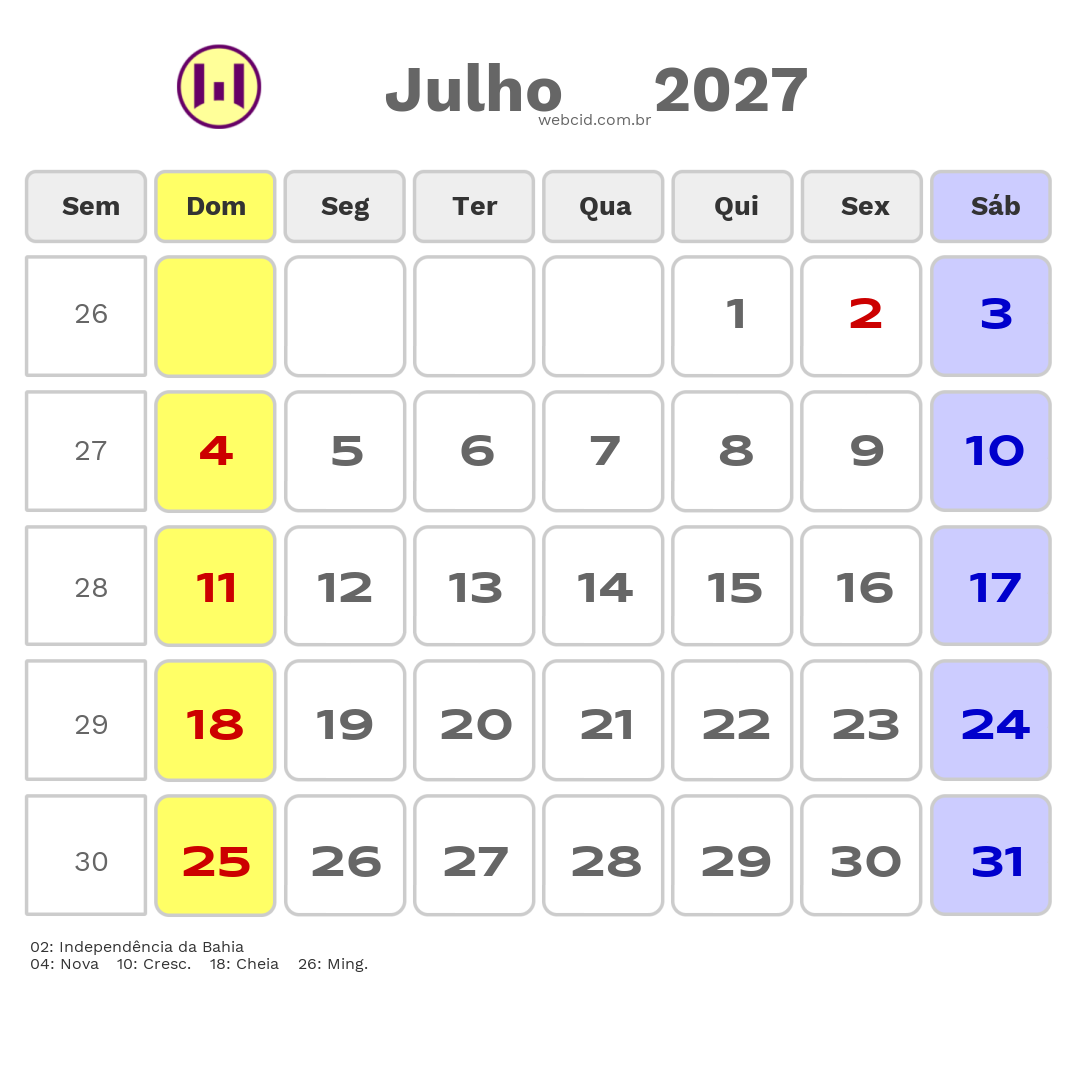 Calendário 2027 - Julho - Porto Seguro-BA com feriados e fases da lua