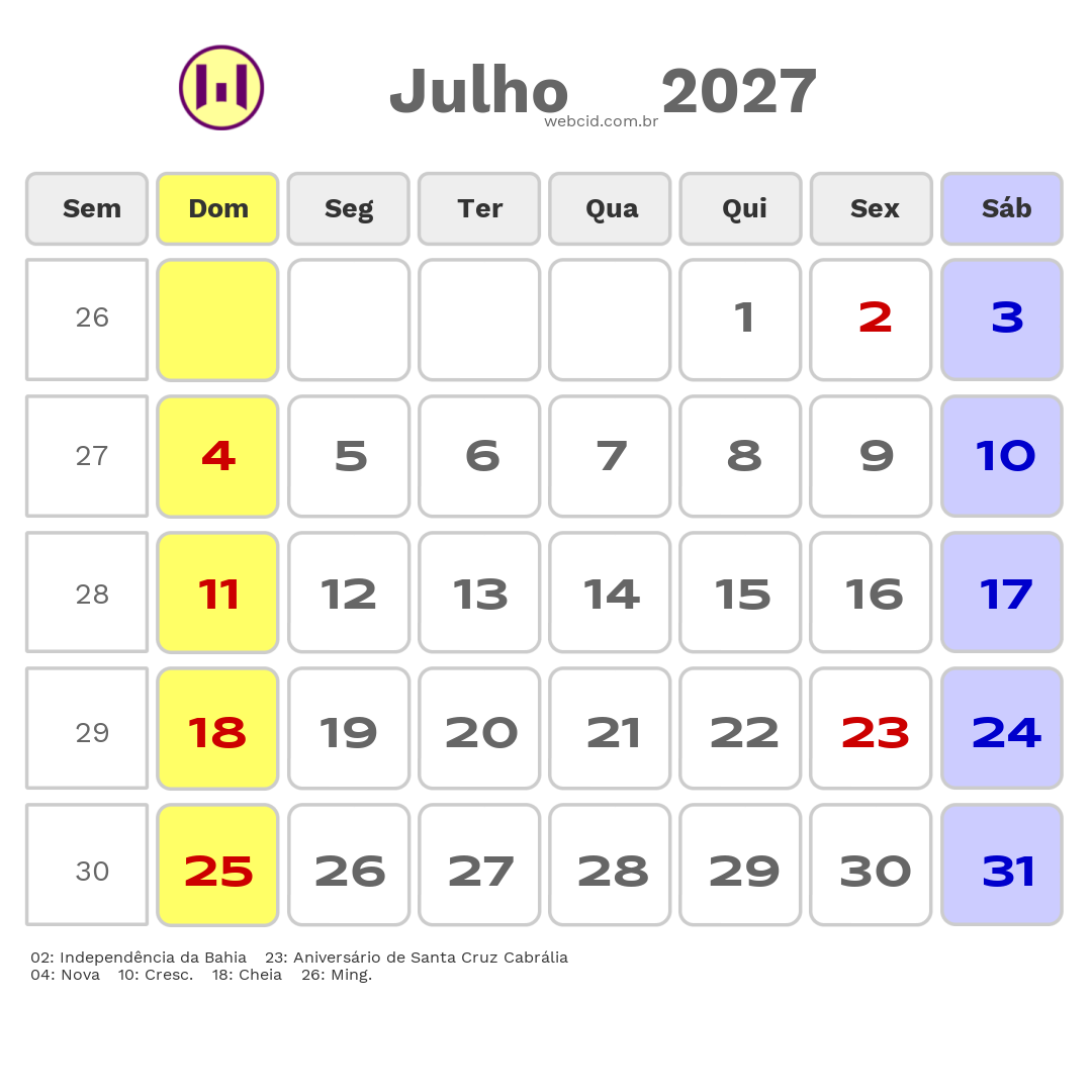 Calendário 2027 - Julho - Santa Cruz Cabrália-BA com feriados e fases da lua