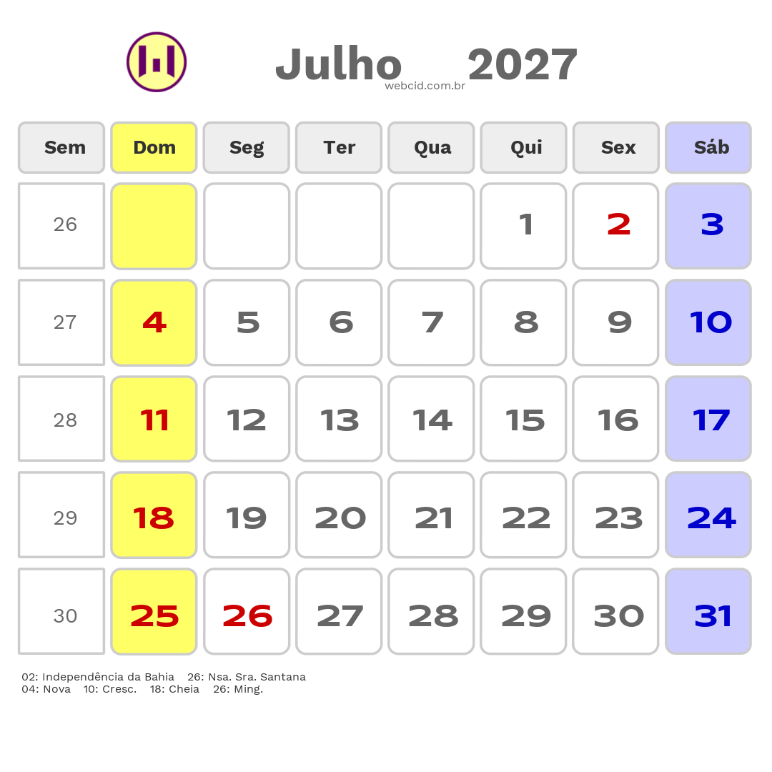 Calendário 2027 - Julho - Serrinha-BA com feriados e fases da lua