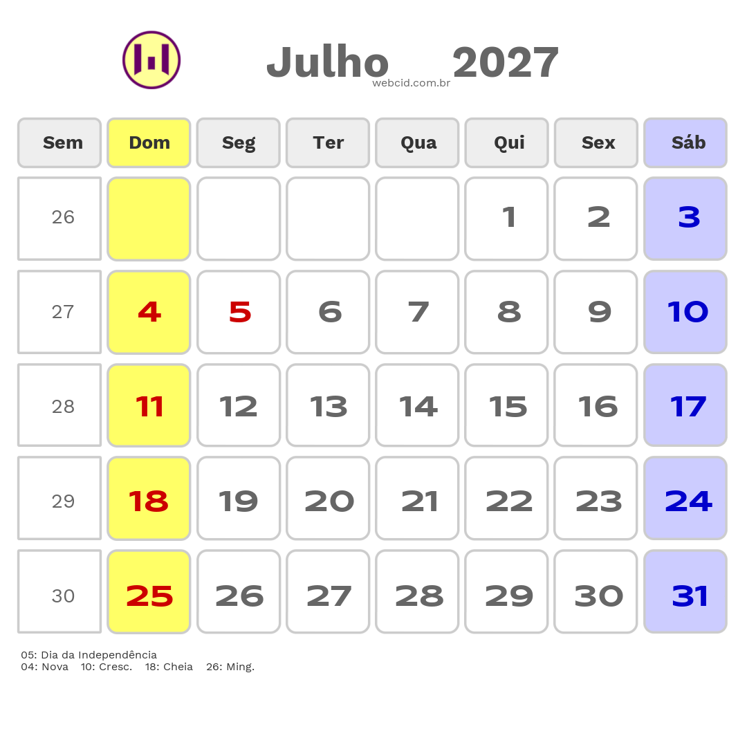 Calendário 2027 - Julho - Cabo Verde com feriados e fases da lua