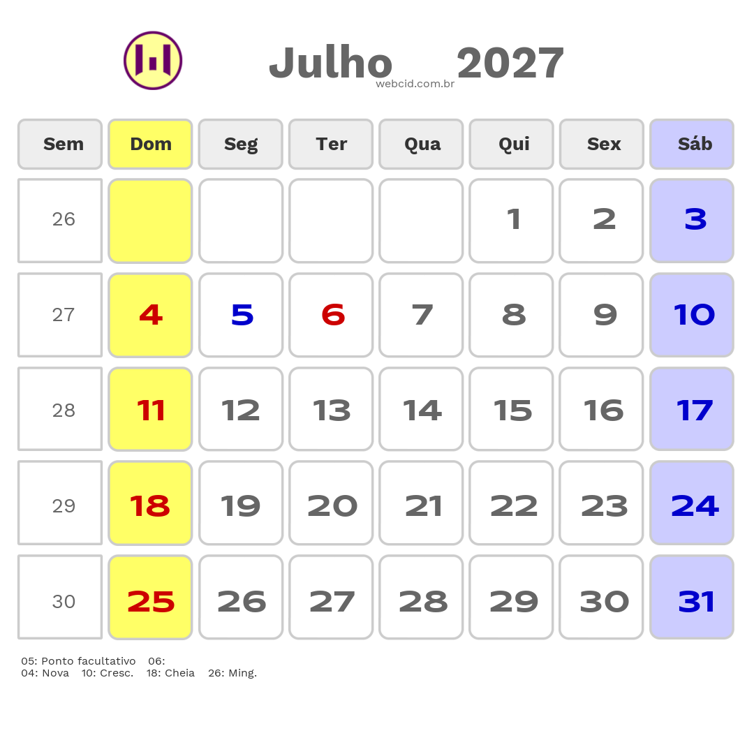 Calendário 2027 - Julho - Crateus-CE com feriados e fases da lua