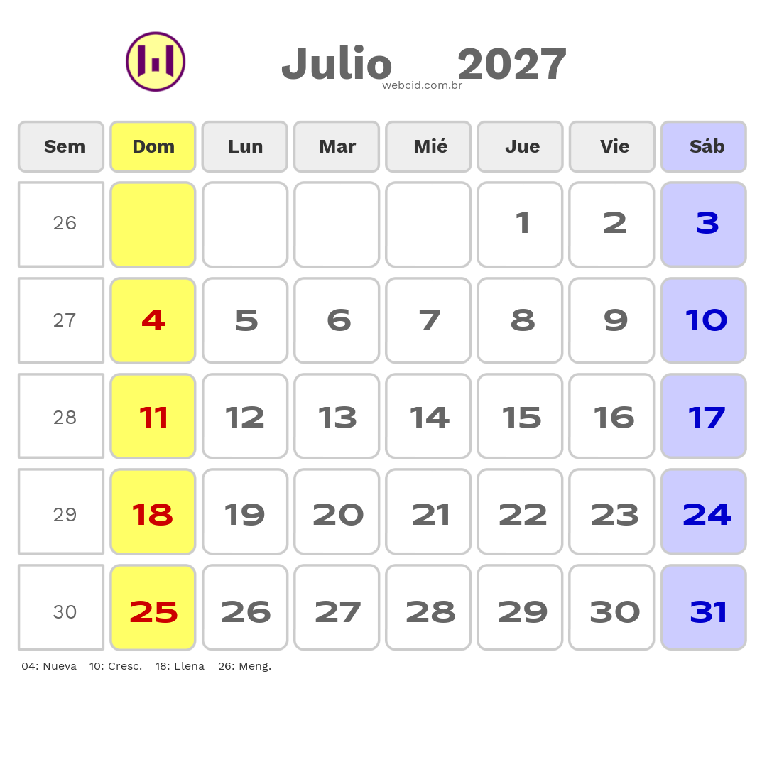 Calendario 2027 - Julio - Chile com feriados e fases da lua