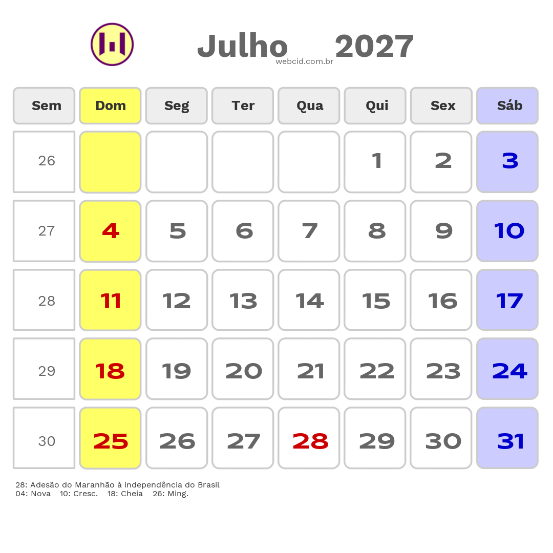 Calendário 2027 - Julho - Ze Doca-MA com feriados e fases da lua