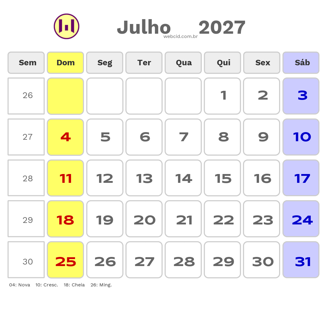 Calendário 2027 - Julho - Rondonópolis-MT com feriados e fases da lua