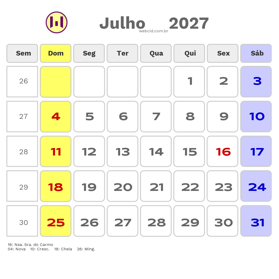Calendário 2027 - Julho - Betim-MG com feriados e fases da lua