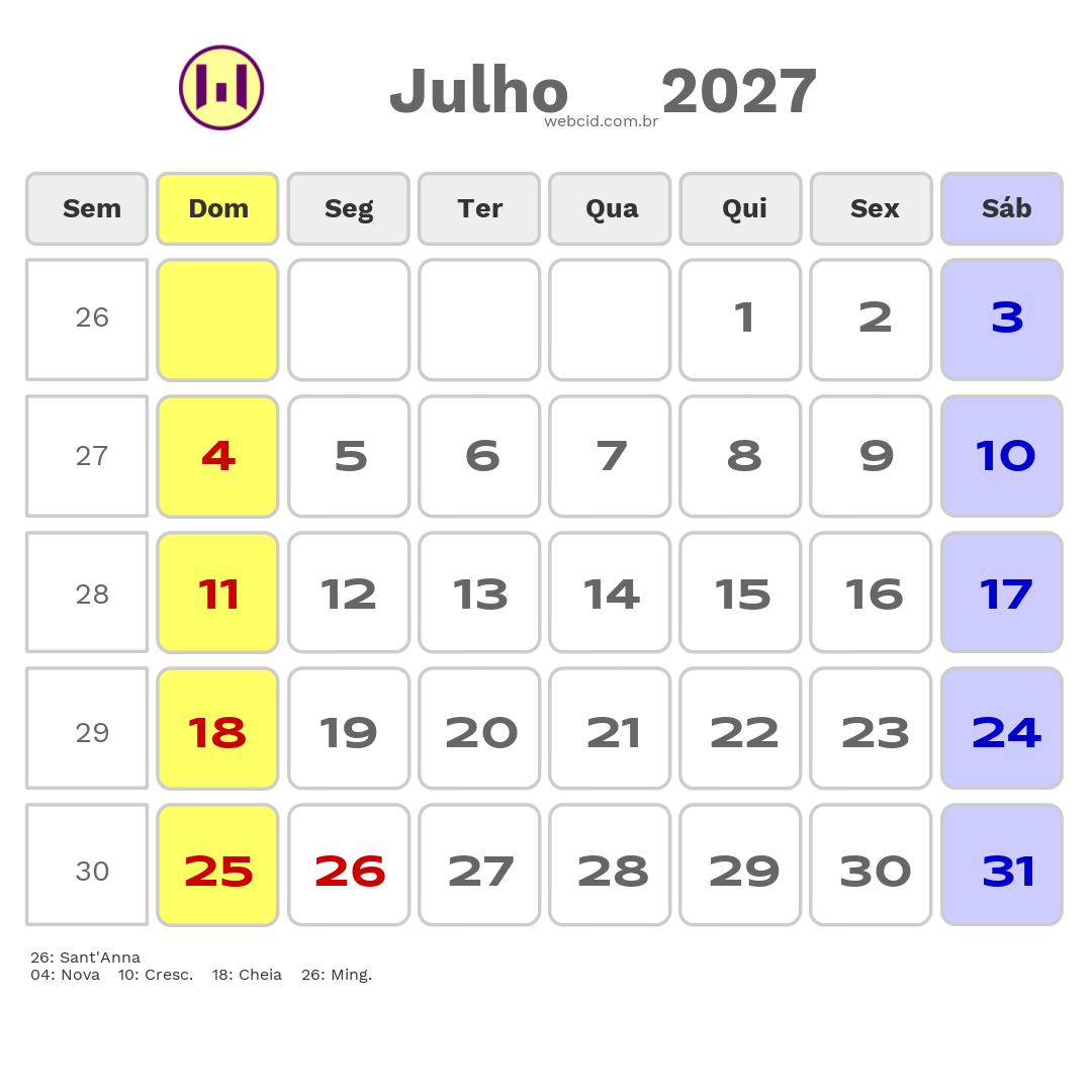 Calendário 2027 - Julho - Lavras-MG com feriados e fases da lua