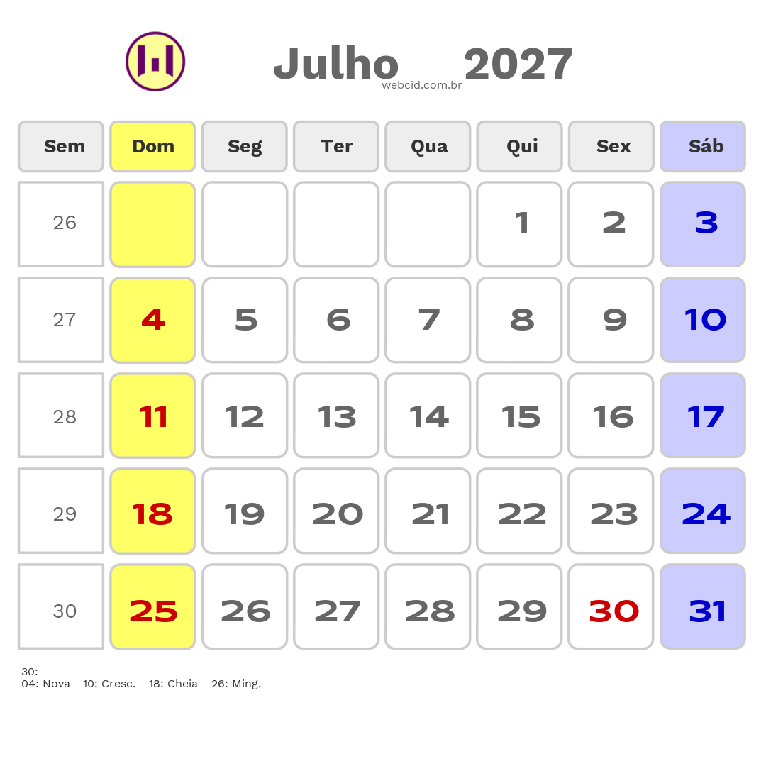 Calendário 2027 - Julho - Brasil Novo-PA com feriados e fases da lua